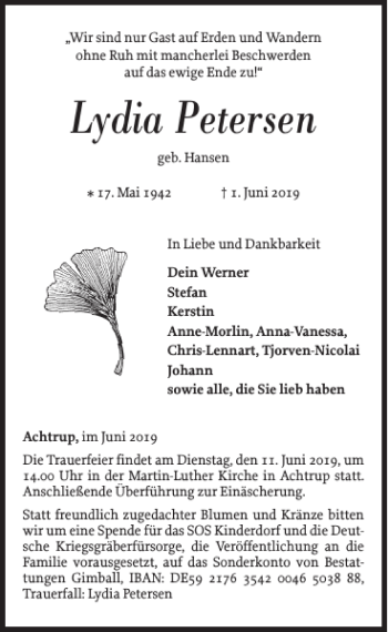 Traueranzeige von Lydia Petersen von Nordfriesland Tageblatt