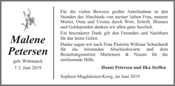 Traueranzeige von Malene Petersen von Husumer Nachrichten