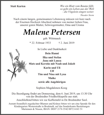 Traueranzeige von Malene Petersen von Husumer Nachrichten