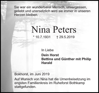 Traueranzeige von Nina Peters von Holsteinischer Courier