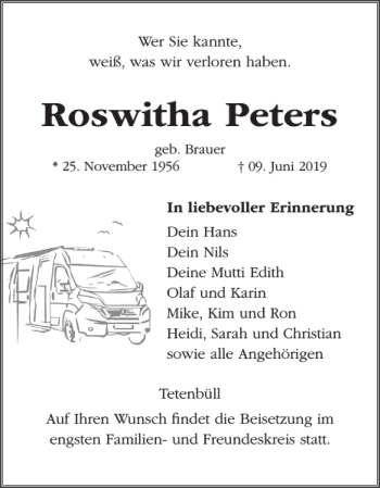 Traueranzeige von Roswitha Peters von Husumer Nachrichten
