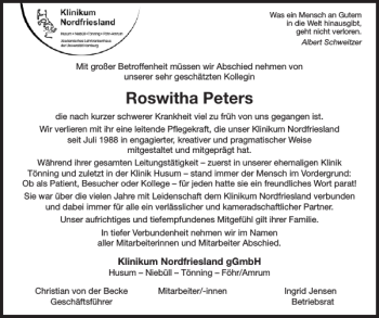 Traueranzeige von Roswitha Peters von Husumer Nachrichten