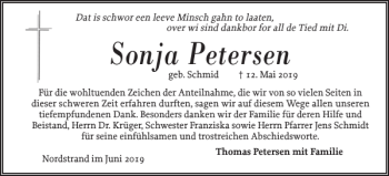 Traueranzeige von Sonja Petersen von Husumer Nachrichten