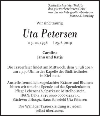 Traueranzeige von Uta Petersen von Landeszeitung