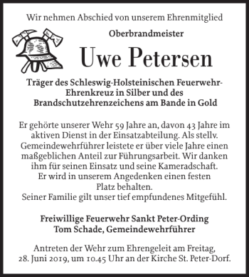 Traueranzeige von Uwe Petersen von Husumer Nachrichten