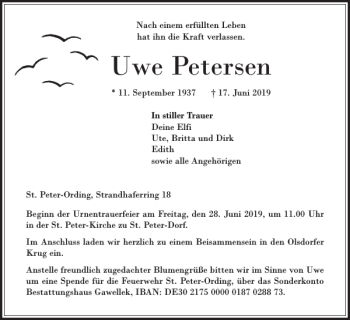 Traueranzeige von Uwe Petersen von Husumer Nachrichten