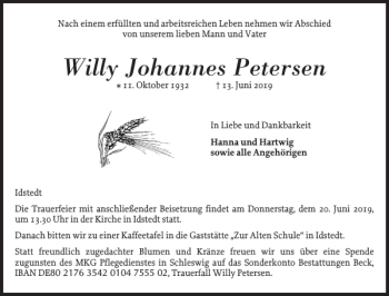 Traueranzeige von Willy Johannes Petersen von Schleswiger Nachrichten