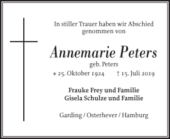 Traueranzeige von Annemarie Peters von Husumer Nachrichten