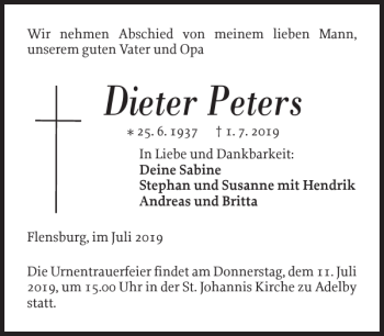 Traueranzeige von Dieter Peters von Flensburger Tageblatt