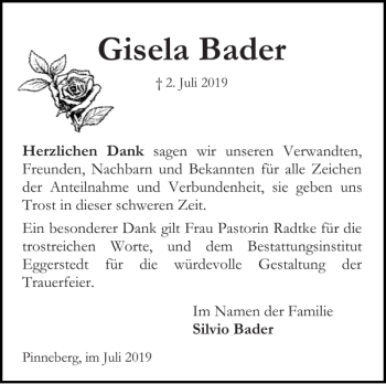 Traueranzeige von Gisela Bader von Pinneberger Tageblatt