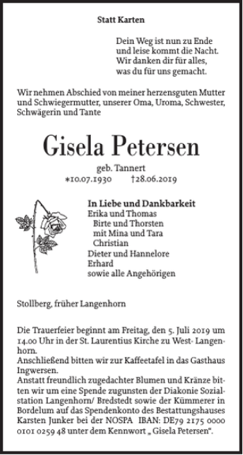 Traueranzeige von Gisela Petersen von Husumer Nachrichten