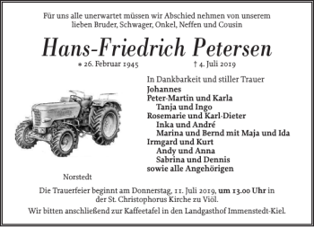 Traueranzeige von Hans-Friedrich Petersen von Husumer Nachrichten