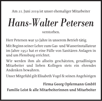 Traueranzeige von Hans-Walter Petersen von Flensburger Tageblatt