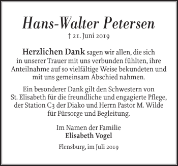 Traueranzeige von Hans-Walter Petersen von Flensburger Tageblatt