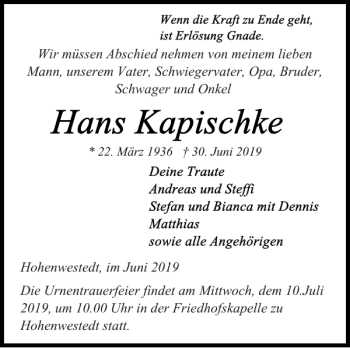 Traueranzeige von Hohenwestedt im von Landeszeitung