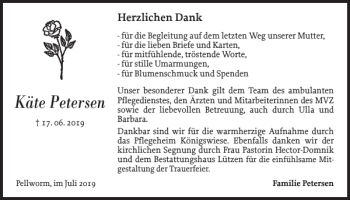 Traueranzeige von Käte Petersen von Husumer Nachrichten