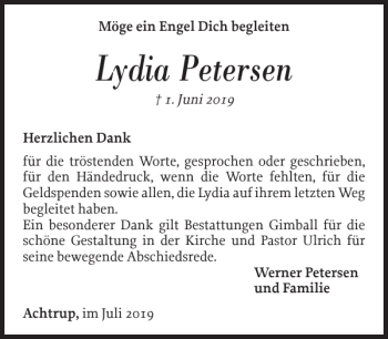 Traueranzeige von Lydia Petersen von Nordfriesland Tageblatt