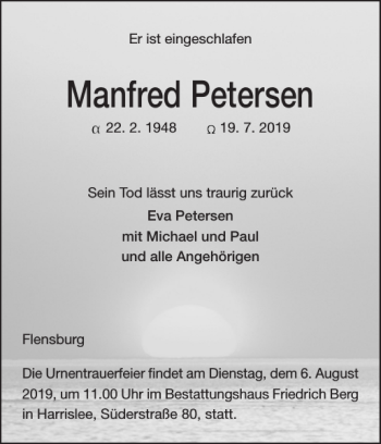 Traueranzeige von Manfred Petersen von Flensburger Tageblatt