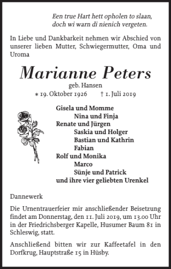 Traueranzeige von Marianne Peters von Schleswiger Nachrichten