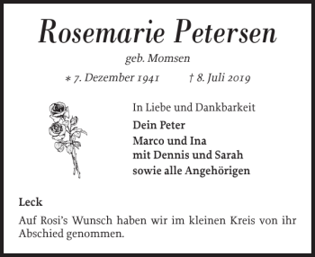 Traueranzeige von Rosemarie Petersen von Nordfriesland Tageblatt