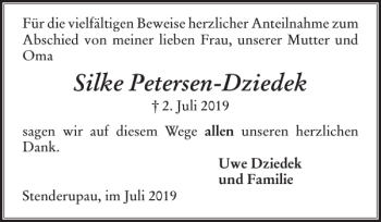 Traueranzeige von Silke Petersen-Dziedek von Flensburger Tageblatt