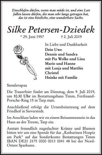 Traueranzeige von Silke Petersen-Dziedek von Flensburger Tageblatt