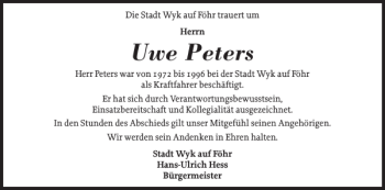 Traueranzeige von Uwe Peters von Der Insel-Bote