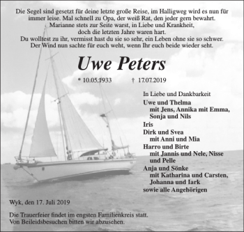 Traueranzeige von Uwe Peters von Der Insel-Bote