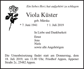 Traueranzeige von Viola Küster von Pinneberger Tageblatt