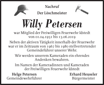 Traueranzeige von Willy Petersen von Schleswiger Nachrichten