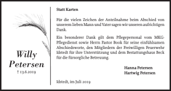 Traueranzeige von Willy Petersen von Schleswiger Nachrichten