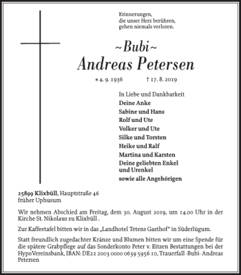 Traueranzeige von Andreas Petersen von Nordfriesland Tageblatt