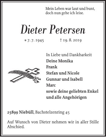 Traueranzeige von Dieter Petersen von Nordfriesland Tageblatt