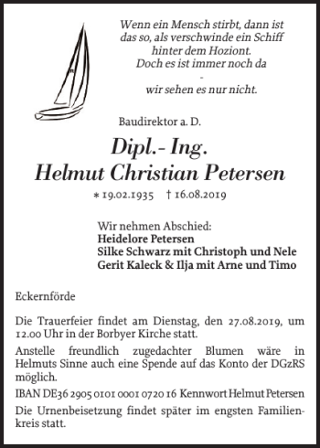 Traueranzeige von Dipl.-Ing. Helmut Christian Petersen von Eckernförder Zeitung