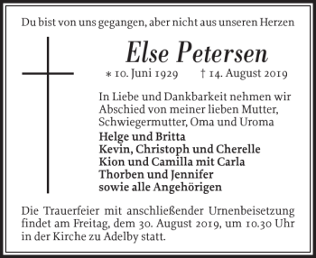 Traueranzeige von Else Petersen von Flensburger Tageblatt
