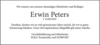 Traueranzeige von Erwin Peters von Husumer Nachrichten