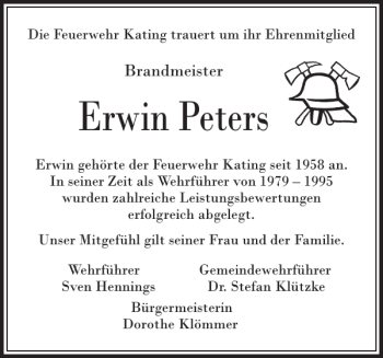 Traueranzeige von Erwin Peters von Husumer Nachrichten
