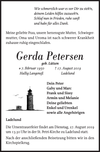 Traueranzeige von Gerda Petersen von Husumer Nachrichten