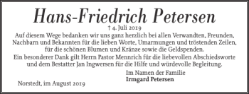 Traueranzeige von Hans-Friedrich Petersen von Husumer Nachrichten