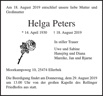 Traueranzeige von Helga Peters von Pinneberger Tageblatt