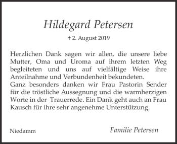 Traueranzeige von Hildegard Petersen von Flensburger Tageblatt