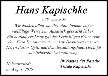 Traueranzeige von Hohenwestedt  von Landeszeitung