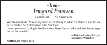 Traueranzeige von Irmgard Petersen von Nordfriesland Tageblatt