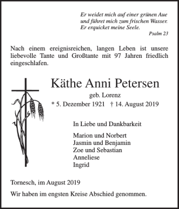 Traueranzeige von Käthe Anni Petersen von Uetersener Nachrichten