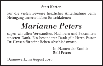Traueranzeige von Marianne Peters von Flensburger Tageblatt
