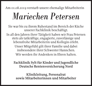 Traueranzeige von Mariechen Petersen von Sylter Rundschau