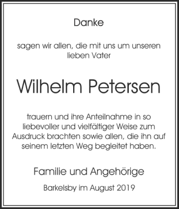 Traueranzeige von Wilhelm Petersen von Eckernförder Zeitung