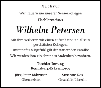 Traueranzeige von Wilhelm Petersen von Eckernförder Zeitung