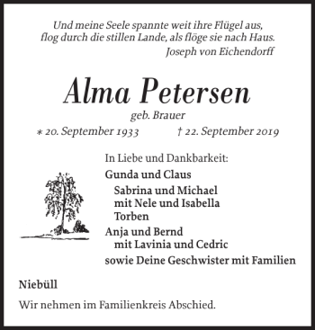 Traueranzeige von Alma Petersen von Nordfriesland Tageblatt