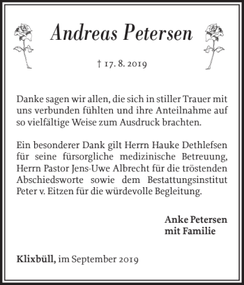 Traueranzeige von Andreas Petersen von Nordfriesland Tageblatt